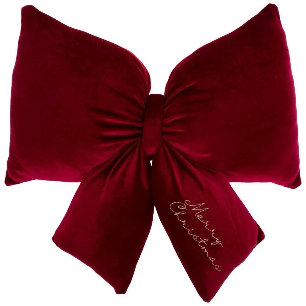 Merry Christmas Red Bow Pillow Velour